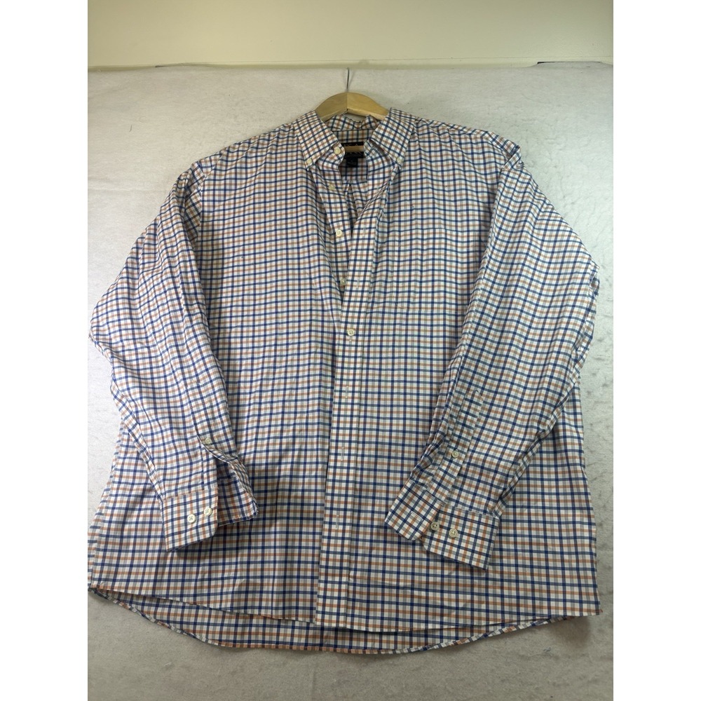 Jos A Bank Travelers Collection Shirt Mens XL Orange Blue Plaid Button Down